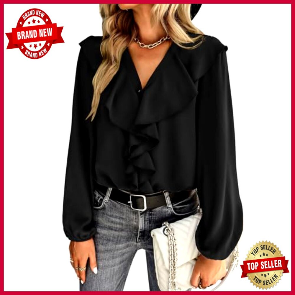 V Neck Ruffle Front Button Down Blouse Chiffon El… - image 5